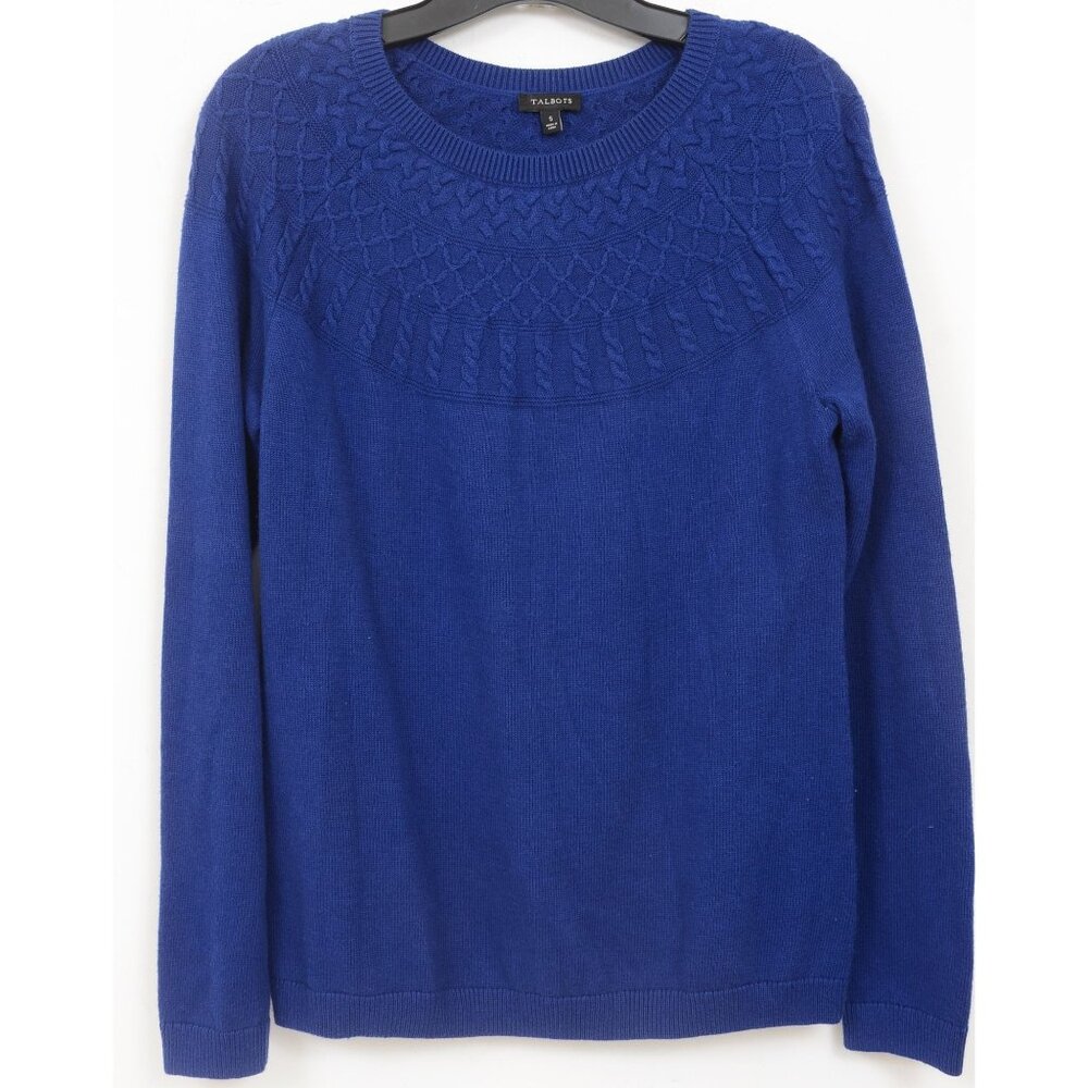 Talbots Cashmere Blend Royal Blue Crew Neck Textured Cable Knit Women's Size SM